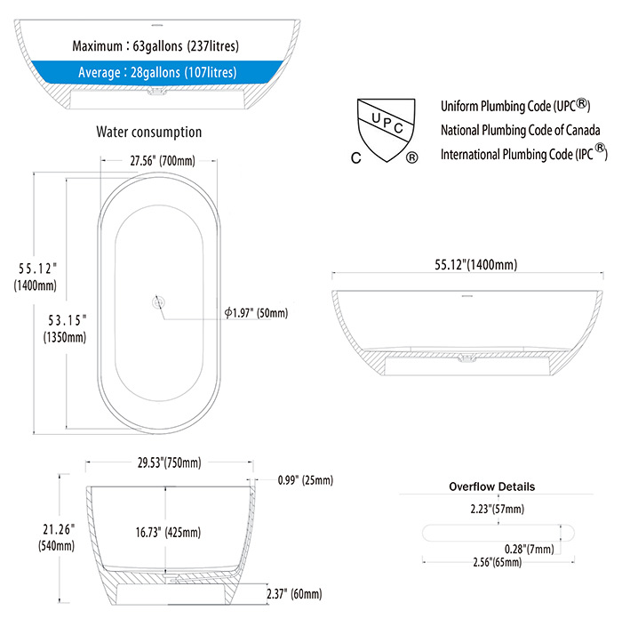 Maia 1400 freestanding tub specification
