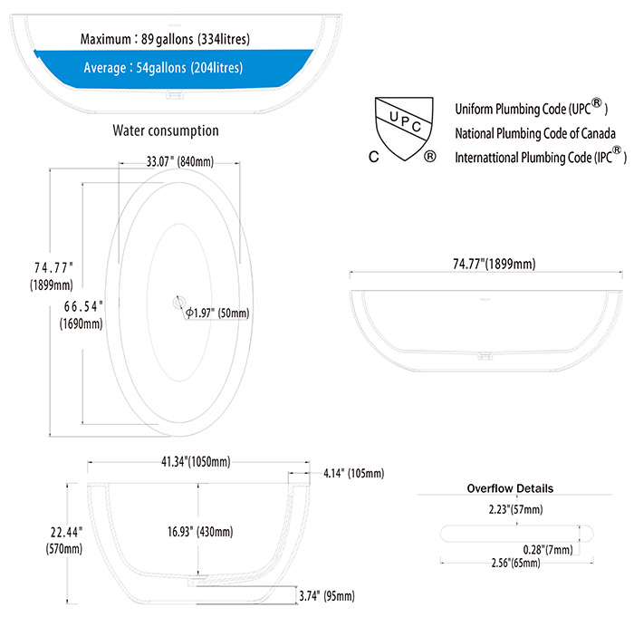 Mirovia freestanding bathtub specification