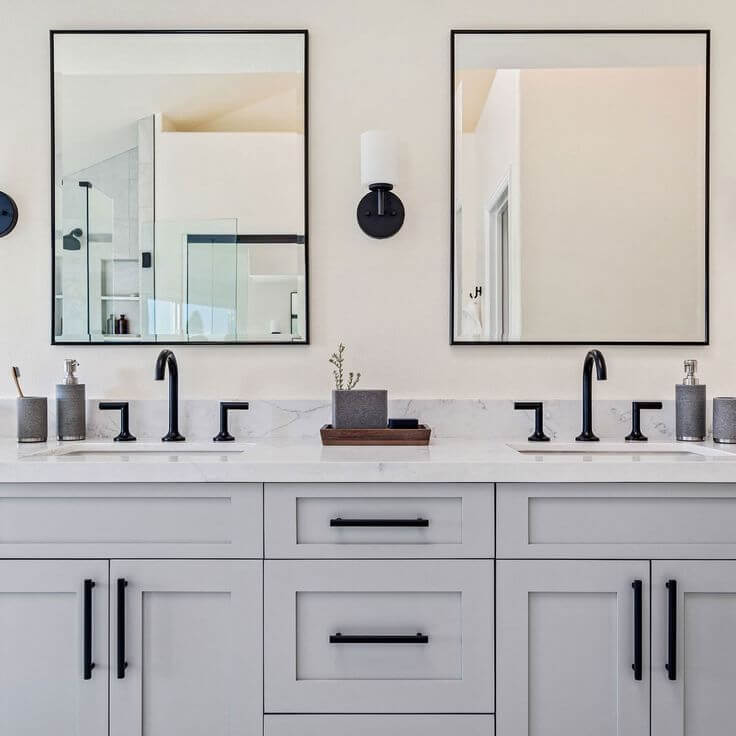 matte black bathroom cabinet hardware on white cabinet