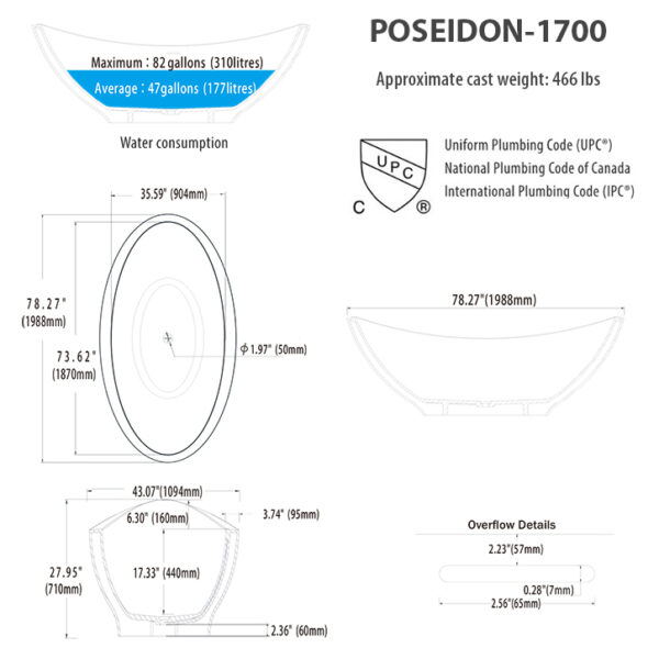 Poseidon freestanding bathtub for two | Large soaker tub | Slipper tub