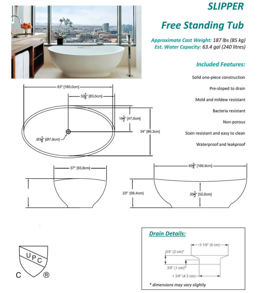 Slipper bathtub Stand alone soaker Stone tub for two