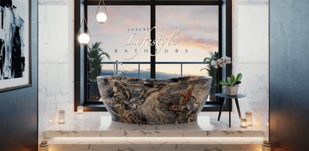 onyx freestanding bathtub in front of a window at sunset