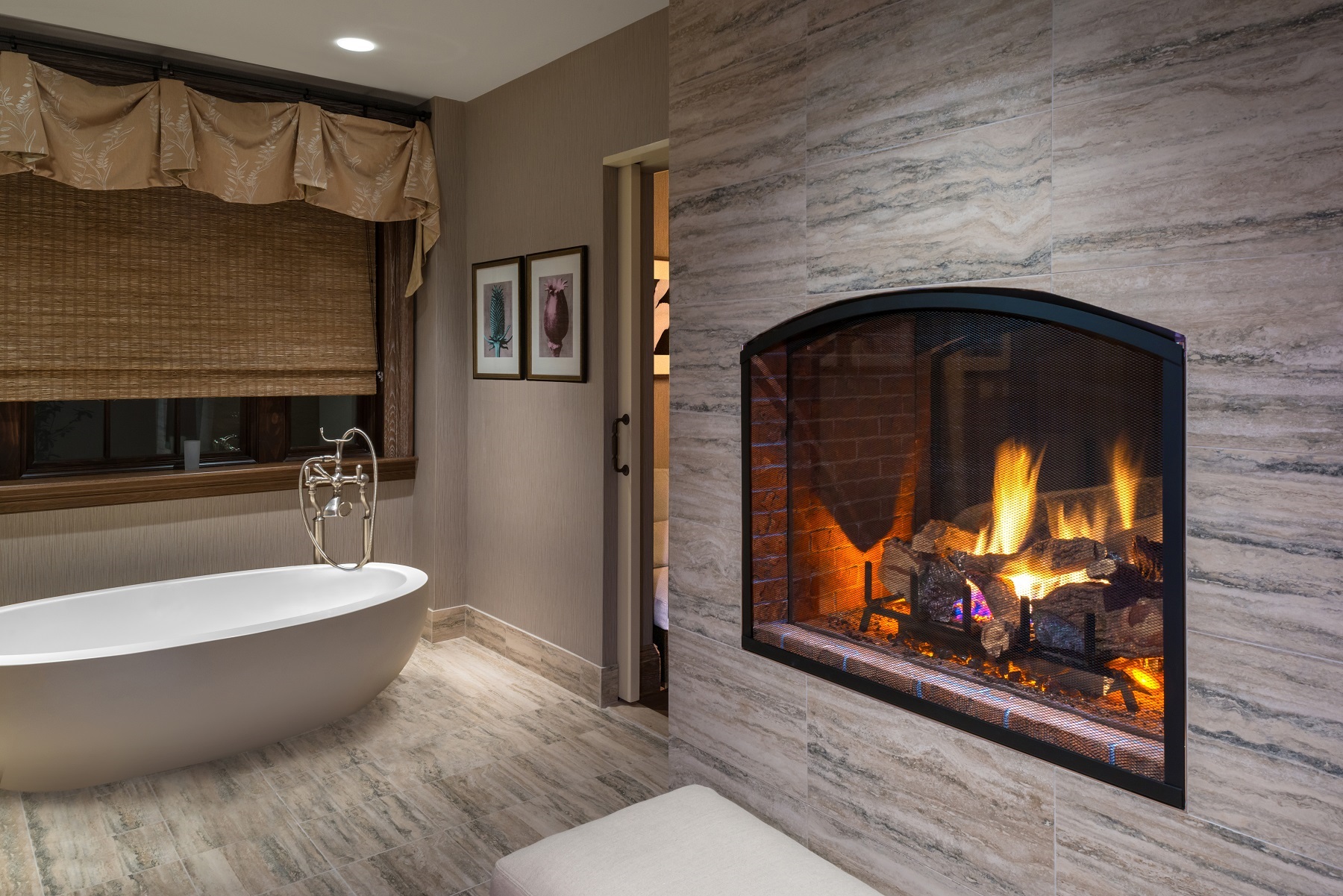 bathtub by fireplace