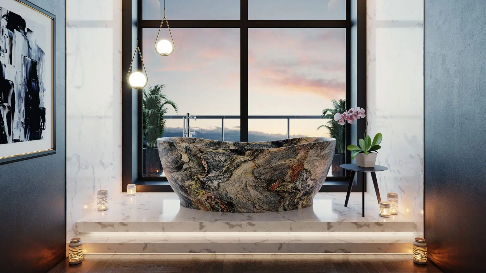 Freestanding bathtub with bold veining